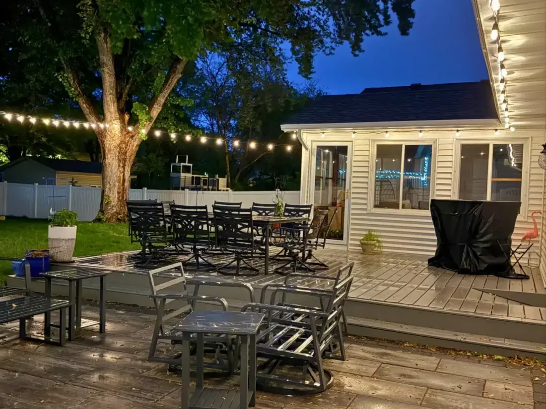 Cafe-style bistro lighting on a patio