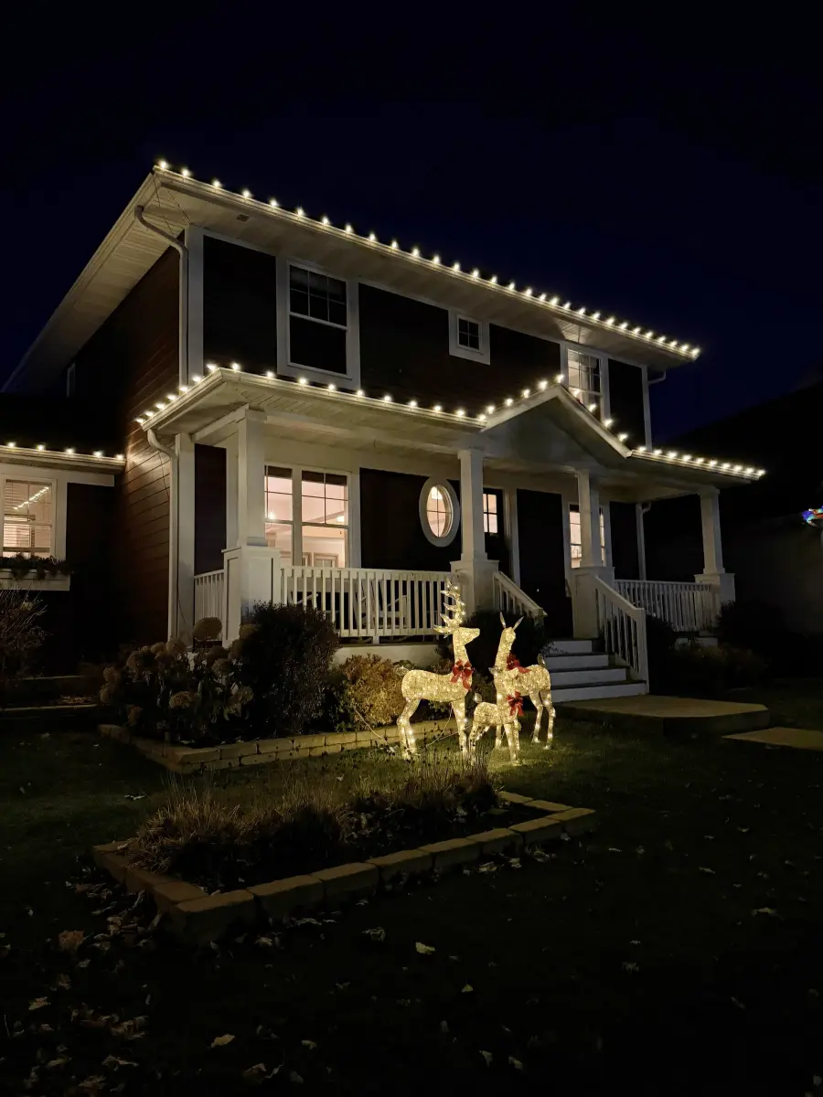 Warm white holiday lighting with lighted reindeer on a Twin Cities home