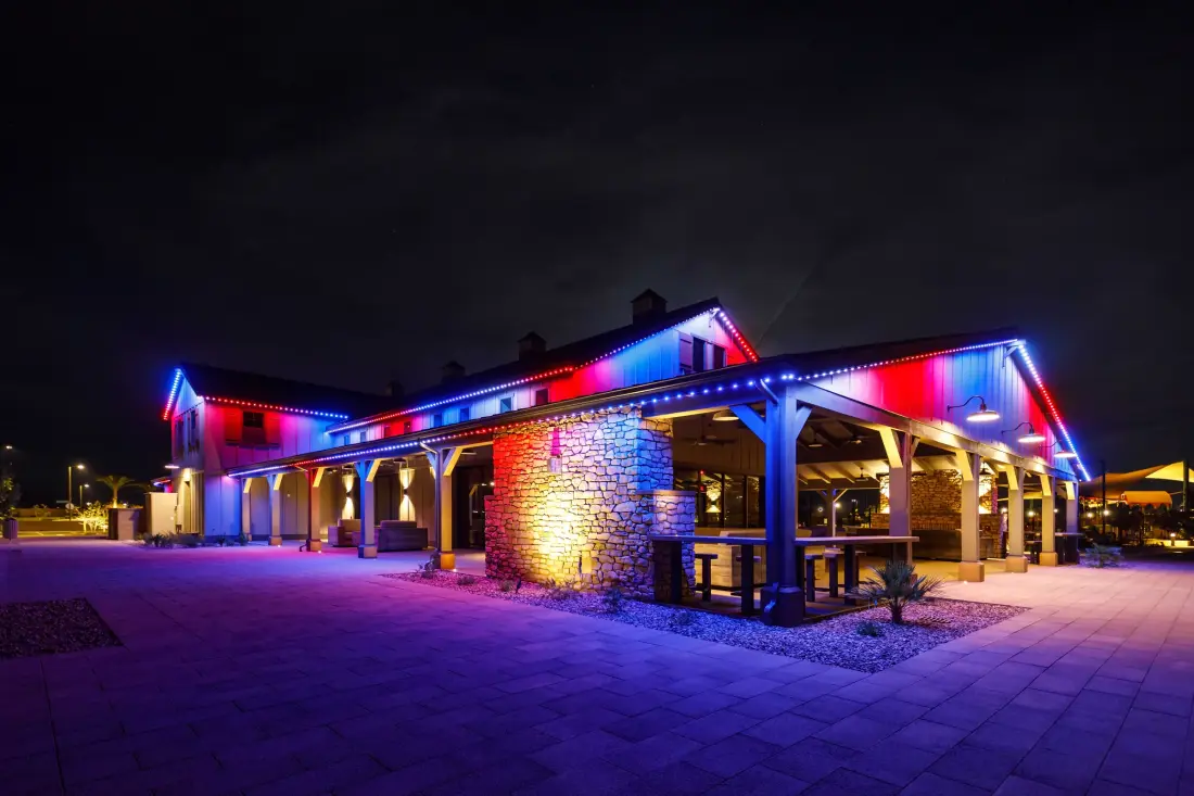 Color architectural lighting on a commercial clubhouse